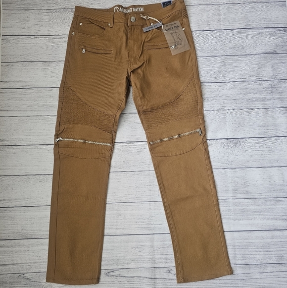Argonaut Nation Other - Men's Slim Straight Fit Biker Style Denim Jeans In Wheat/Timber